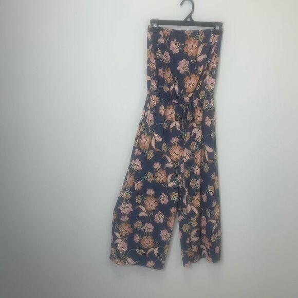 Floral Tube Top Jumpsuit Tie Waist Crop Leg Navy XS (1o1) - Picture 2 of 9
